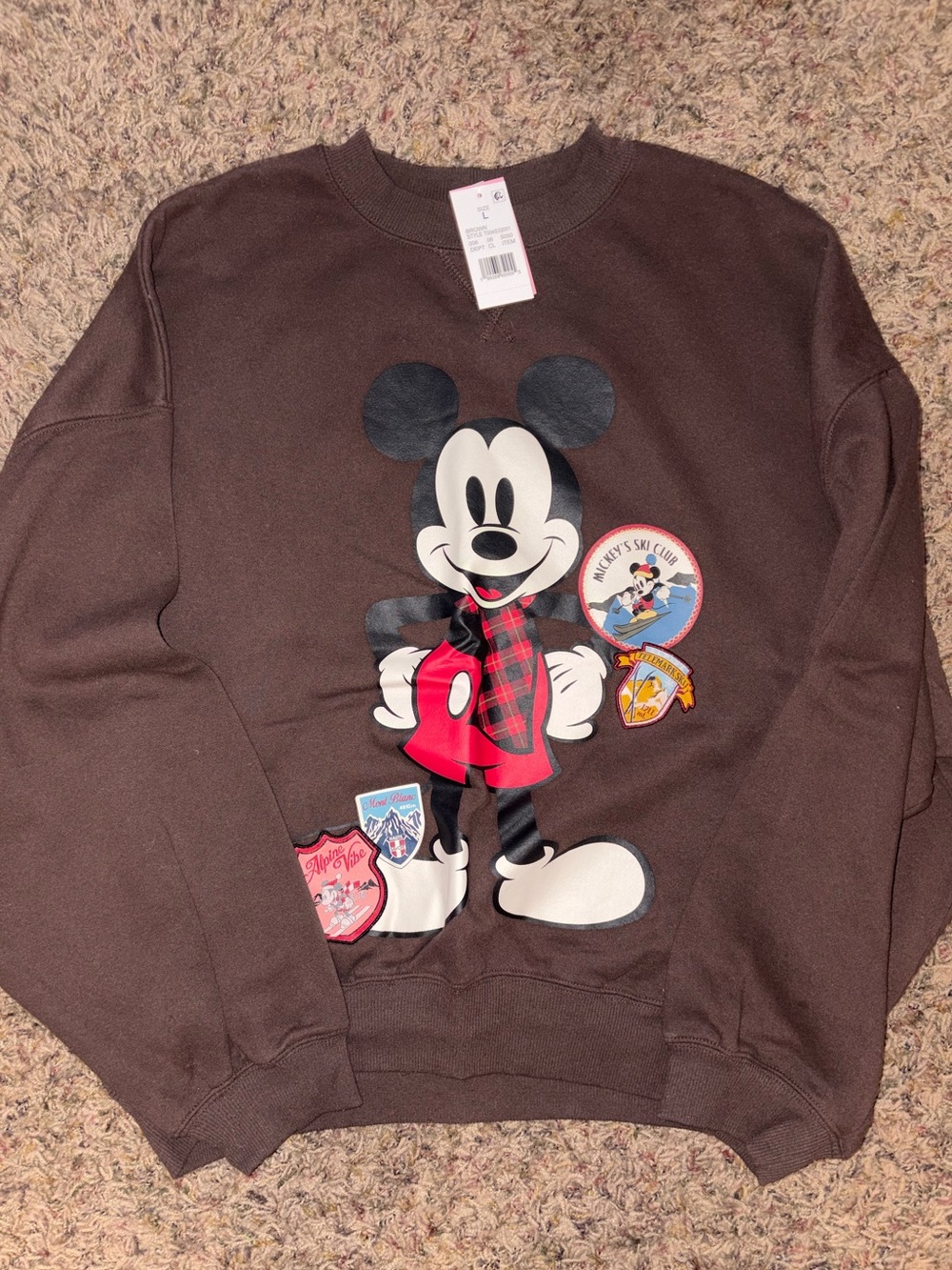 Disney Brown Crewneck Sweatshirt with Mickey Mouse Graphic and Red Plaid Accent